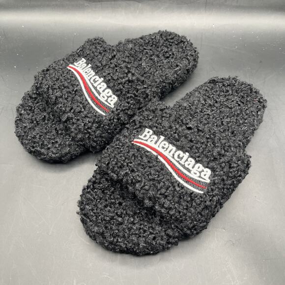 Balenciaga Men’s Black Fur Slide Sandals Logo Embroidered Slip-On EUR SZ 39 New